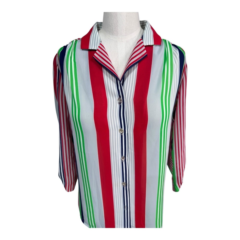 Vintage Teddi‎ of California Sheer Striped Blouse Red Green Blue Mod Retro Style